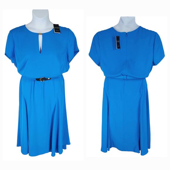 LRL Ralph Lauren Midi Sheath Dress sz 18 Women Blue Belted Keyhole Neck NEW READ - Picture 1 of 13